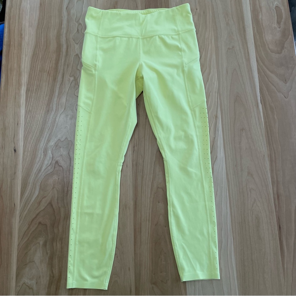 Athleta Small Contender Laser Cut Lemon Yellow 7/8 Leggings Length Zip Pockets